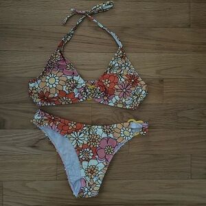 Beach Floral Print Ring Linked Halter Bikini Set